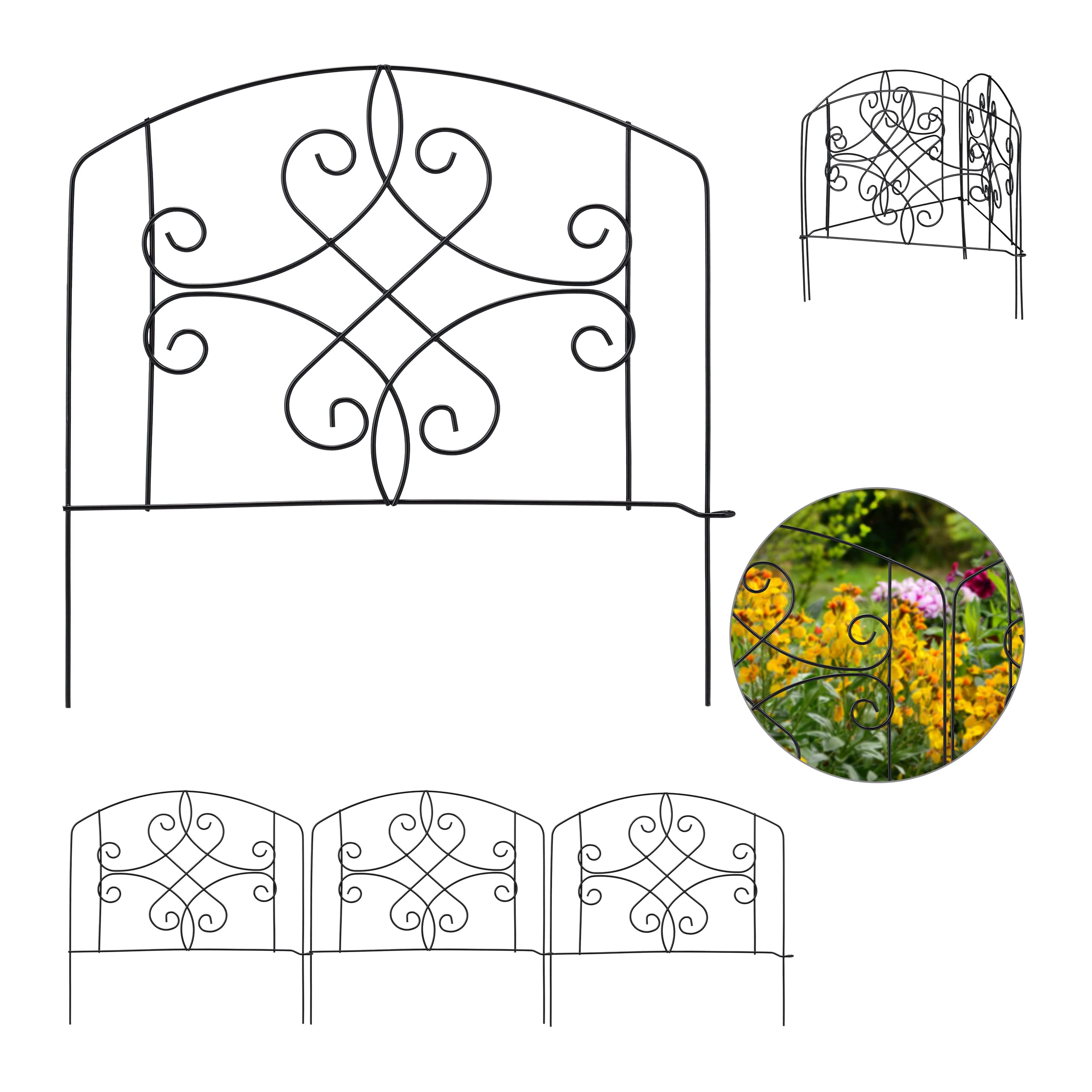 Relaxdays Garden Fence, 4-Piece Flower Bed Border for Garden, Decorative Fence, Metal, Antique Ornaments, HxW: 32 x 186 cm, Black