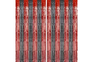 DECOCKRAT 2 Pack Foil Fringe Backdrop - Red&Black Shiny Tinsel Curtains for Party Decoration/Photo Booth Props - 3.3x6.6 FT Metallic Foil Backdrop for Birthday, Wedding, Graduation, Christmas.