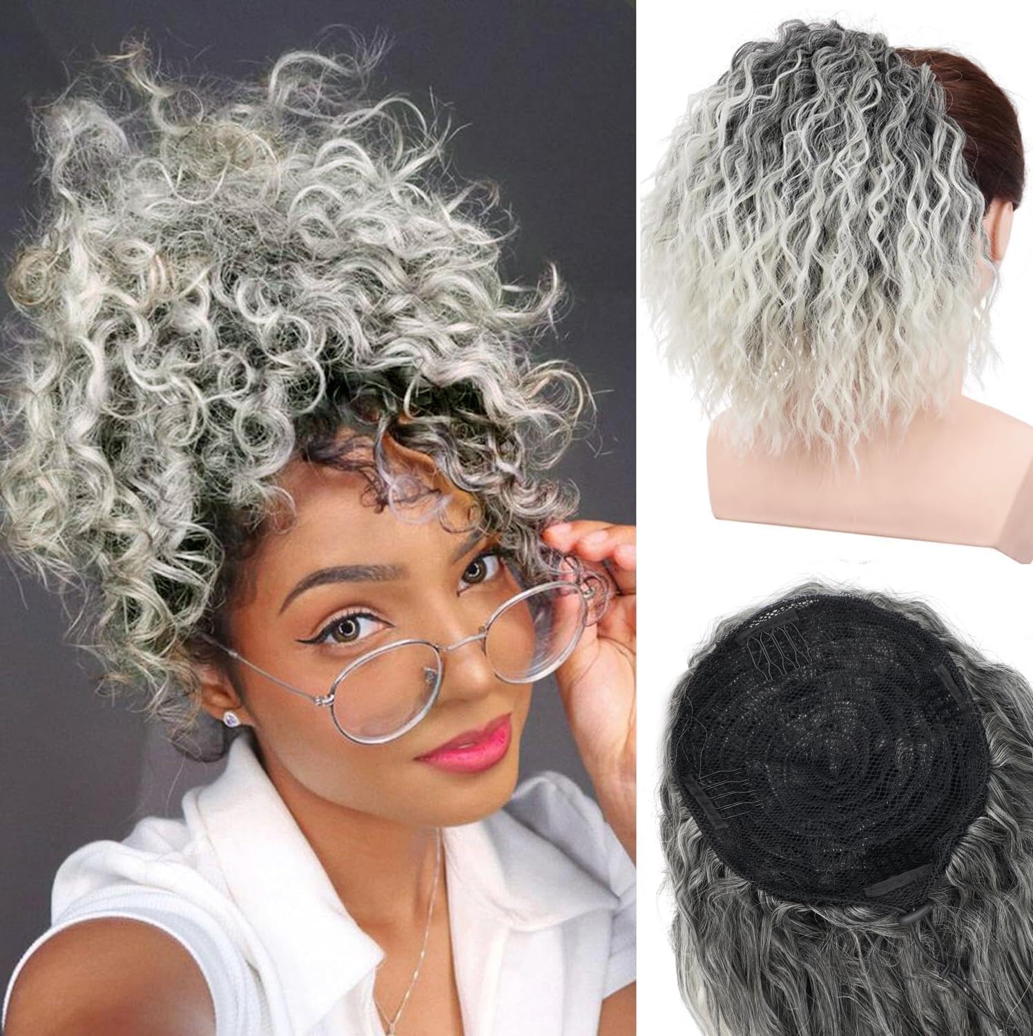 PORSMEER Short Wavy Curly Ponytail Extension,10 inch Ombre Silver Grey Drawstring Ponytail for Women Ladies Short Soft Natural Synthetic Hairpiece High Pony Hair Bun For Daily Use/Party