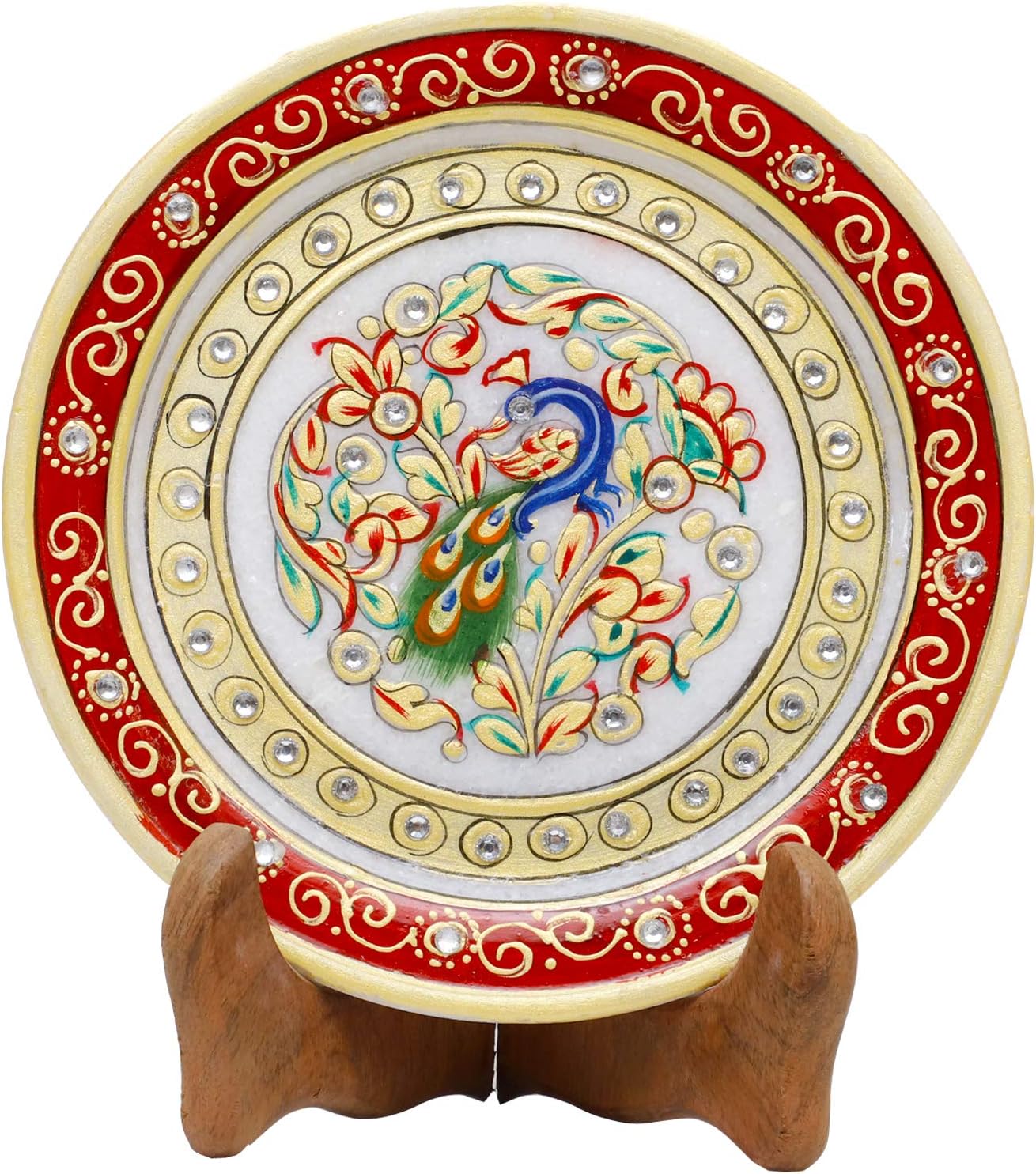 pno Craft 6 Inch Designer Decorative Marble Plate Round Shape Beautiful Style Golden Feathers Peacock Showpiece Pottery Plate With Stand Multicolor 14 5x14 5x1 8 Cm Amazon In Home Kitchen