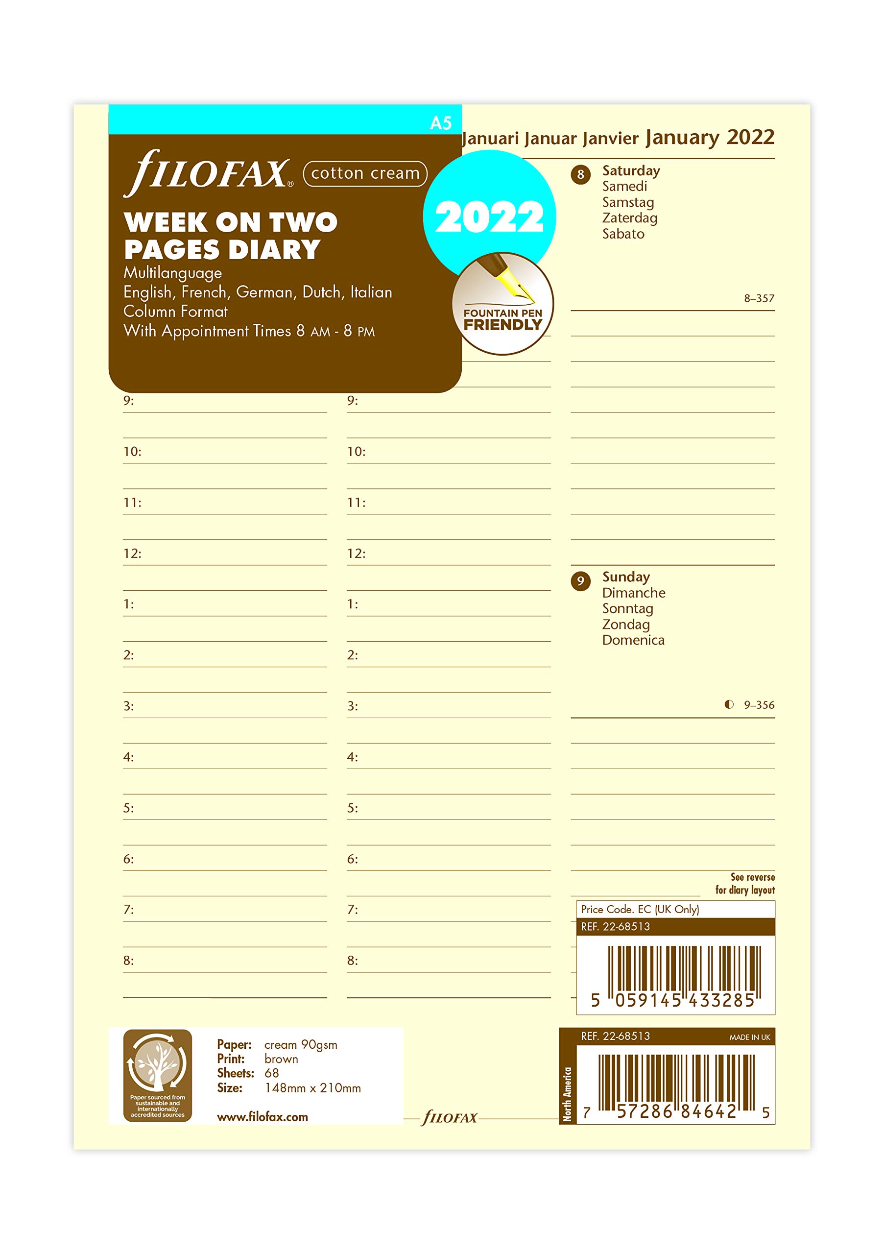 Filofax A5 Week on Two Cotton Cream 5 Language Column Format 2022 Diary 22-68513