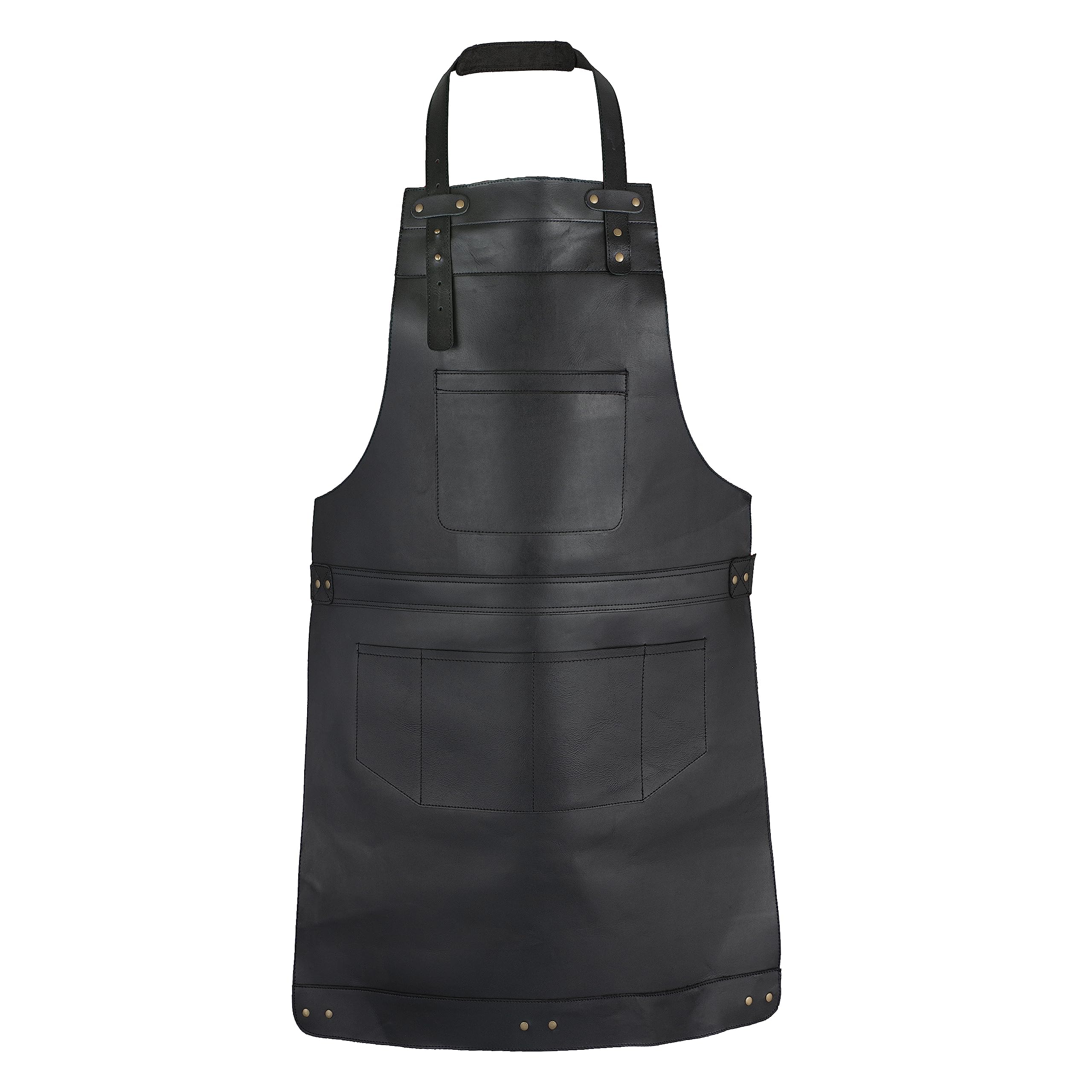 Full Grain Leather Apron Butcher, Cook, BBQ, Cooking, Grilling, Blacksmith Apron (Black)