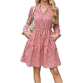Theenkoln Womens Casual Midi Dress: Short Sleeve V-Neck Empire Waist Gingham Spring Fashion Long Trendy Tiered Formal Dresses