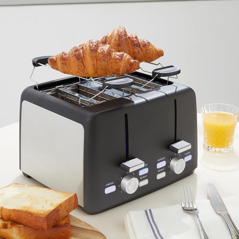 4-Scheiben Toaster mit 7 Bräunungsstufen, Extra Breite Schlitze, Brötchenaufsatz, Herausnehmbare Krümelschublade, 1500W, Schwarz