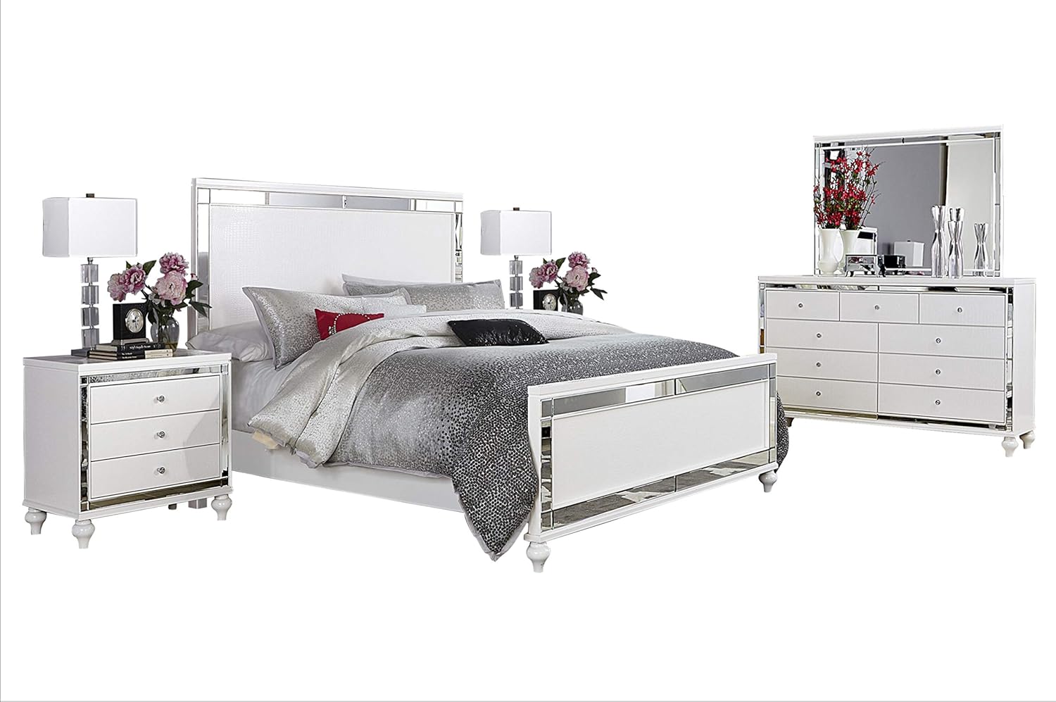 Amazon Com Acevo Modern Mirrored 5pc Bedroom Set Cal King Bed Dresser Mirror 2 Nightstand In Bright White Furniture Decor