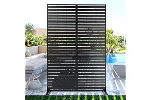 FENCY Metal Privacy Screen with Stand 72" H×44" W Outdoor Freestanding Privacy Panels, Outdoor Privacy Screen for Deck Patio Balcony(Black-Louvered)
