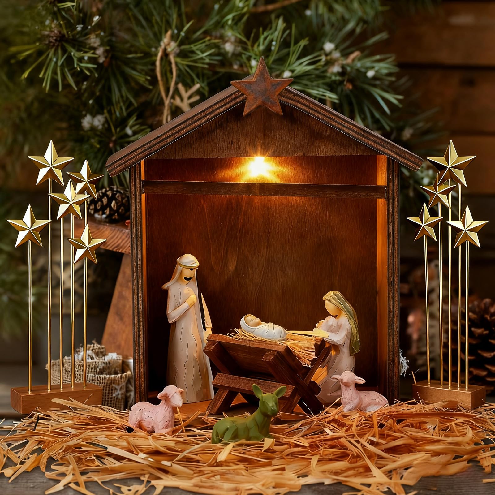 Photo 1 of Wenqik Christmas Nativity Stable with LED Star Light 10.8 Inch Wooden Manger for Nativity Scene Creche Stable Home Desk Decor for Holy Family (Symmetry)