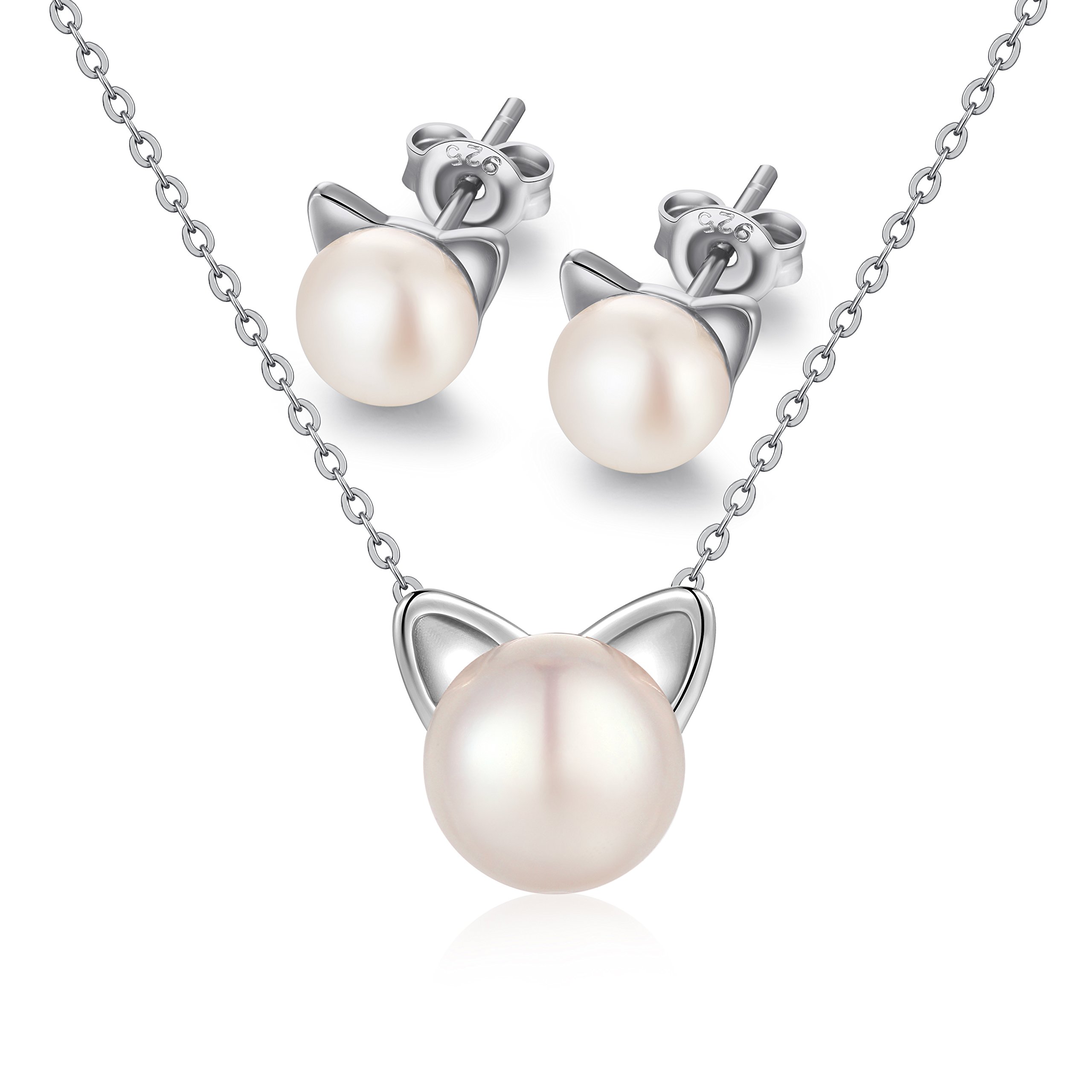 Cat Jewelry Sets for Women 925 Sterling Silver Cat Necklace Pearl Earrings