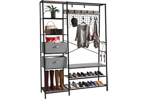 LGHM Modern Versatile Hall Tree with 10 Fixable Metal Hooks, Coat Rack Stand with 6 Side Shelves, Entryway Shoe Bench with Adjust Coat Rack, Top Mesh Shelf, 2 Fabric Box, Gray Wash