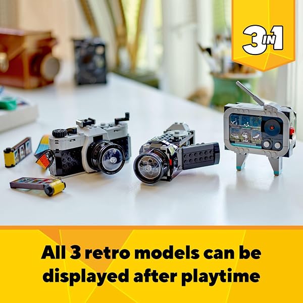 LEGO CREATOR 3 IN 1 RETRO CAMERA TOY, TRANSFORMS FROM TOY CAMERA TO RETRO VIDEO CAMERA TO RETRO TV SET, PHOTOGRAPHY GIFT FOR BOYS AND GIRLS AGES 8 YEARS OLD AND UP WHO ENJOY CREATIVE PLAY, 31147