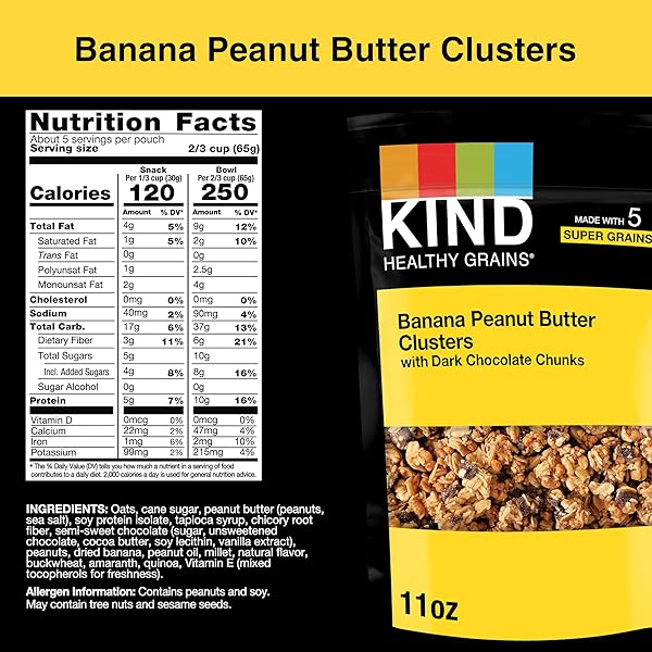 KIND HEALTHY GRAINS GRANOLA FAMILY SIZE, HEALTHY SNACK, BANANA PEANUT BUTTER WITH DARK CHOCOLATE CHUNKS GRANOLA CLUSTERS, 10G PROTEIN, SNACK MIX 11 OZ