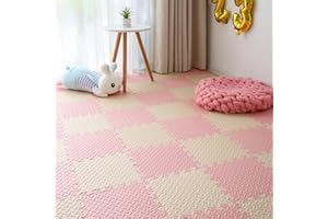 TAMIPLAY Foam Play Mat for Baby, 0.4 Inch Thick Foam Interlocking Floor Mats, Soft Non-Toxic Baby Playmat, Solid Colored Puzzle Play Mat Kids Floor Mats, 16 Tiles, Beige/Loli Pink