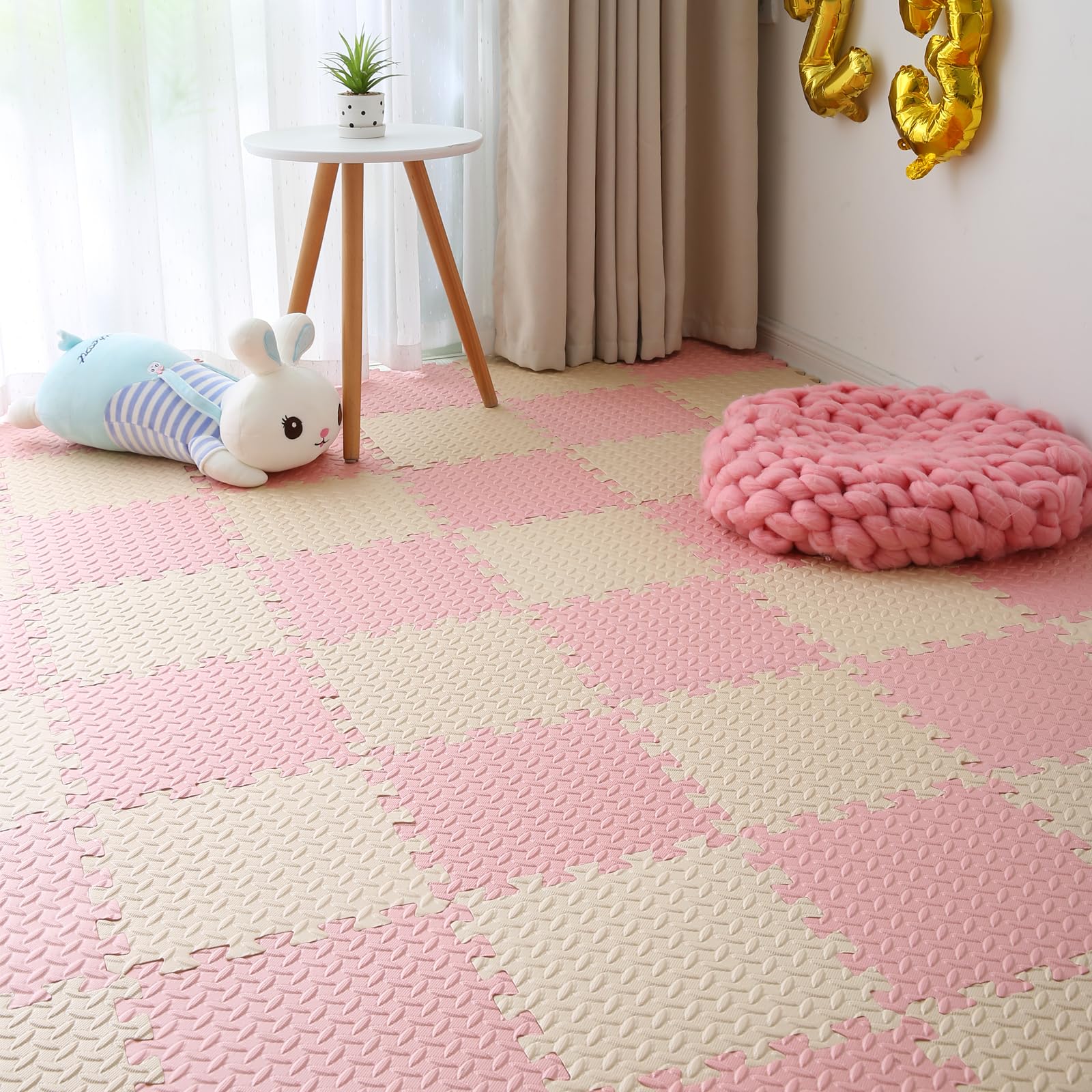 Photo 1 of Foam Play Mat for Baby, 0.4 Inch Thick Foam Interlocking Floor Mats, Soft Non-Toxic Baby Playmat, Solid Colored Puzzle Play Mat Kids Floor Mats, 16 Tiles, Beige/Loli Pink