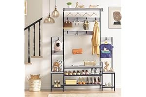 Meilocar Parent-Child Hall Tree with Bench and Shoe Storage, Coat Racks Free Standing, 5-in-1 Hall Tree with Hanging Rod and Hooks for Entrance, Foyer, Mudroom (Gray)