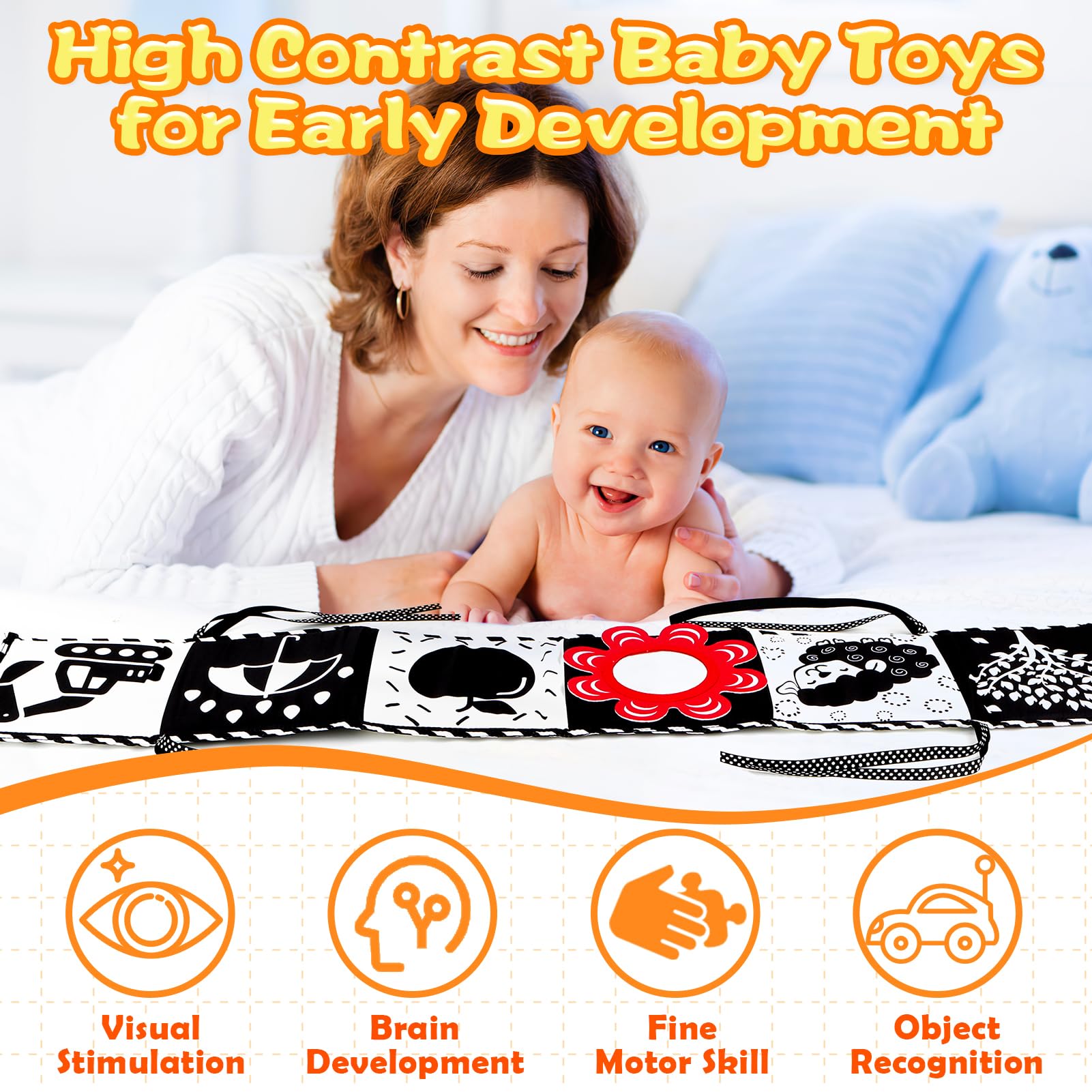 High Contrast Baby Toys for Newborn Infant 0-6 Months Montessori Tummy Time Black and White Sensory Crinkle Toys 0-3 3-6 Months Soft Books Carseat Toys for Baby Boys Girls Easter Basket Stuffers Gifts