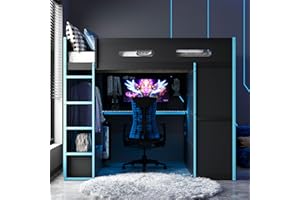 Siemd Full Size Loft Bed Frame with Storage Space and RGB Light & Desk & Wardrobe, No Box Spring Needed, Easy Assembly, Blue,