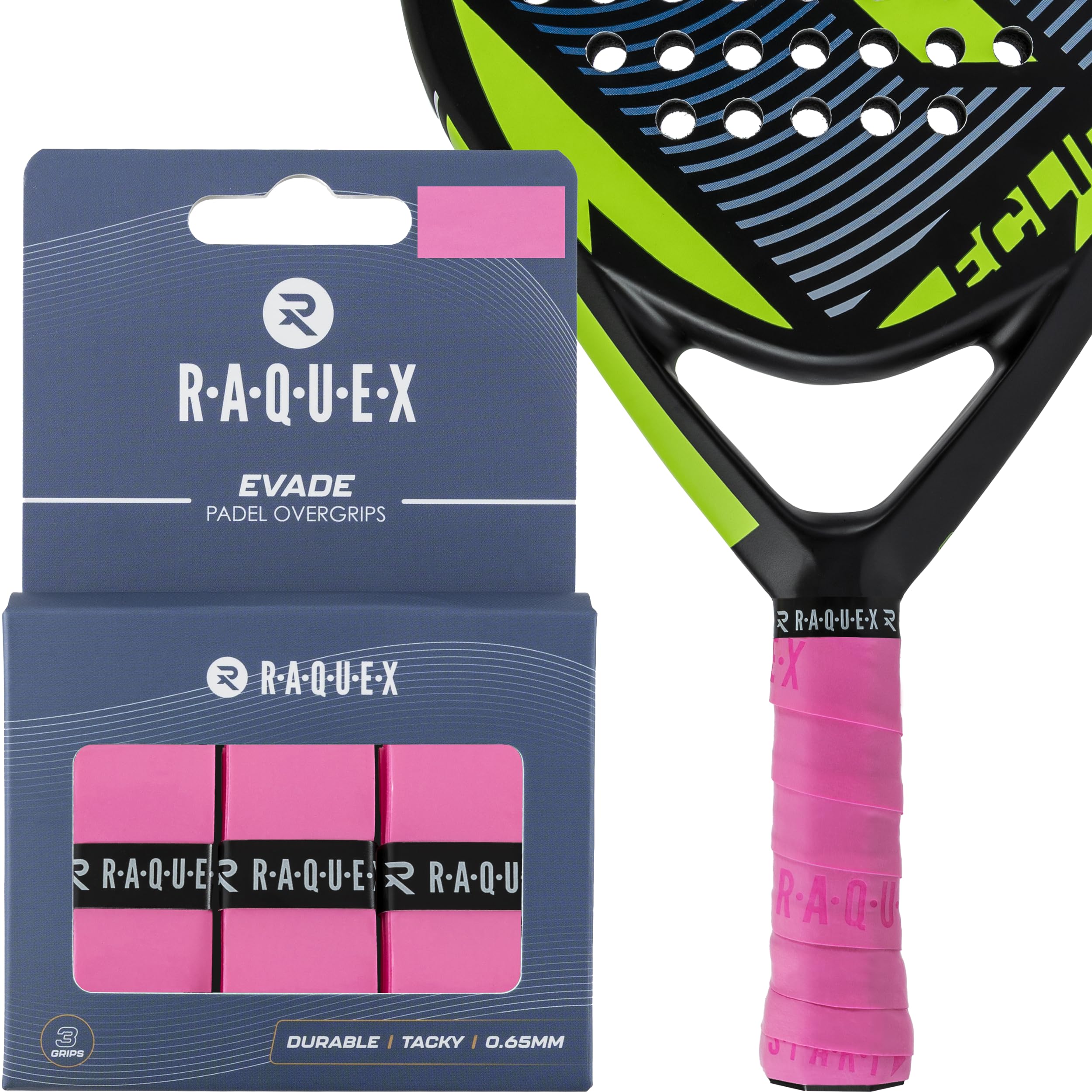 Raquex Evade Padel Racket Overgrip – 10 Colours - 3 Pack Padel Ball or Pickleball Racquet Tape, 0.65mm Thickness – Absorbent, Slightly Tacky Anti Slip Over Grip (Pink)