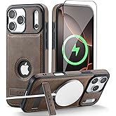 Casus Designed for iPhone 17 Pro Max Case with MagSafe, Slim Kickstand Vegan Leather Protective Cover with Tempered Glass Screen Protector, 6.9 Inch (2025), Gray