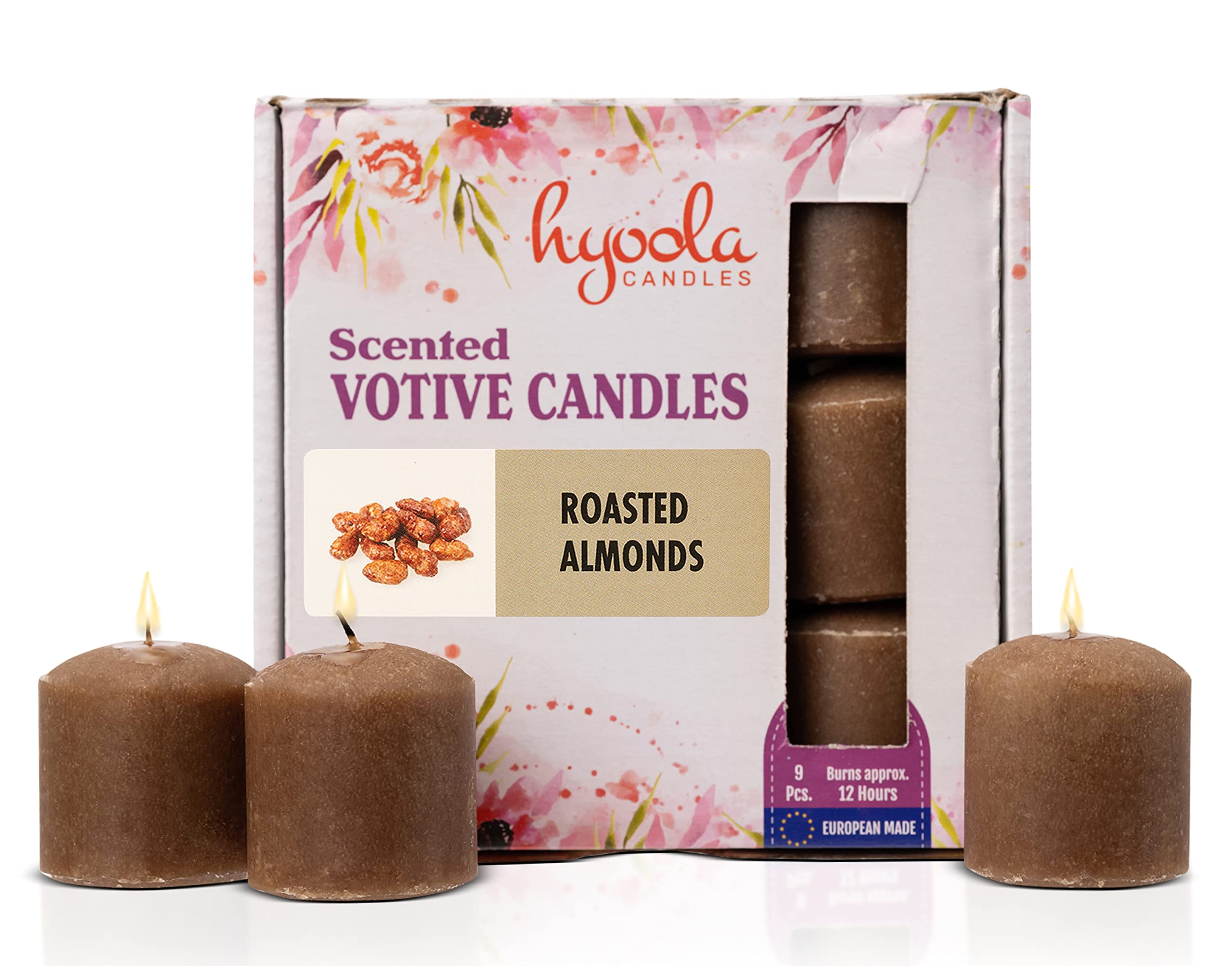 HYOOLA Scented Votive Candles - Roasted Almonds Votive Candles Scented -12 Hour Burn Time - 9 Pack - European Made