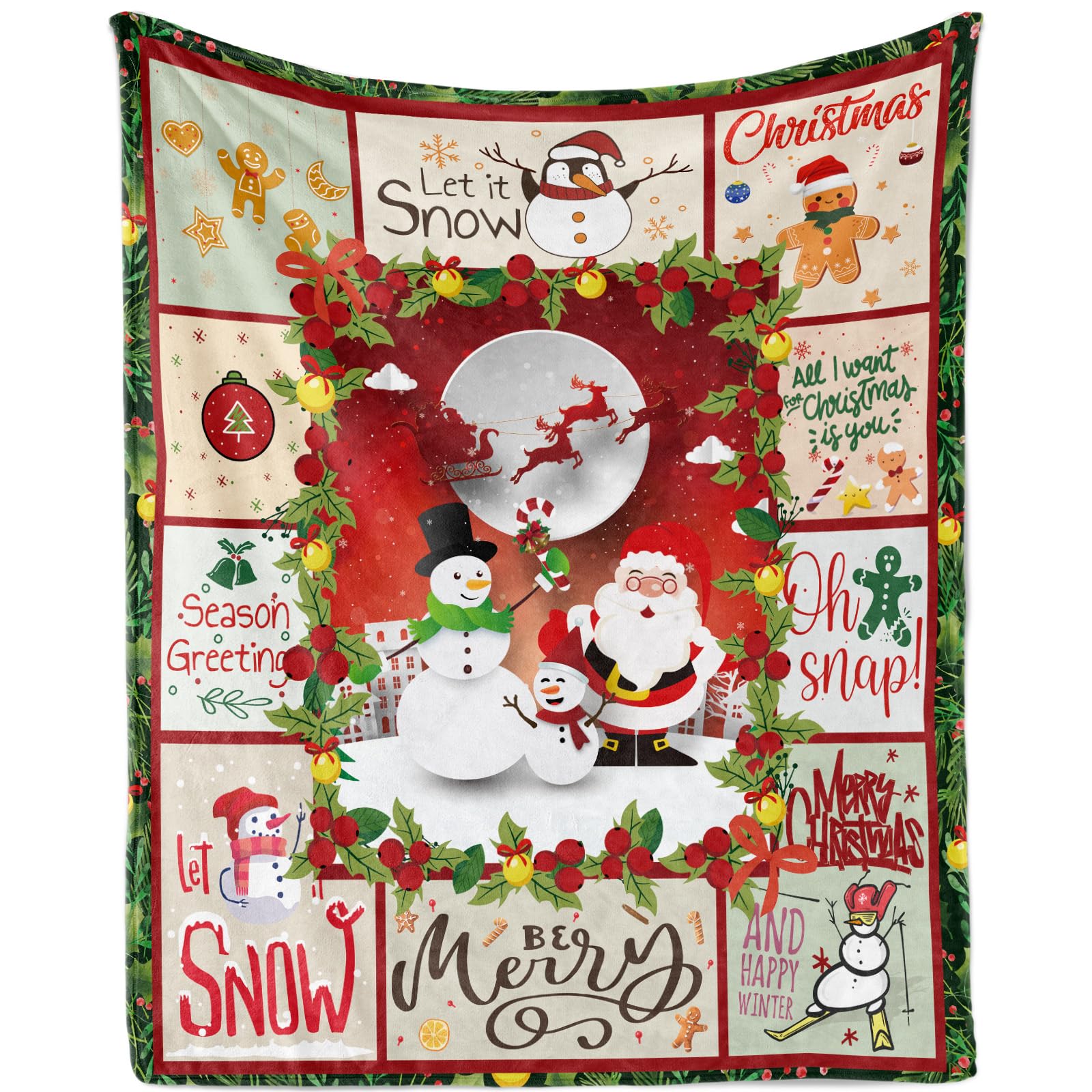 Red Santa Claus Snowman Print Blanket Throw, Super Soft Cozy Christmas Flannel Fleece Throw Blanket, Warm Xmas Blanket for Sofa Bed Christmas Party Decorations, 130x150cm