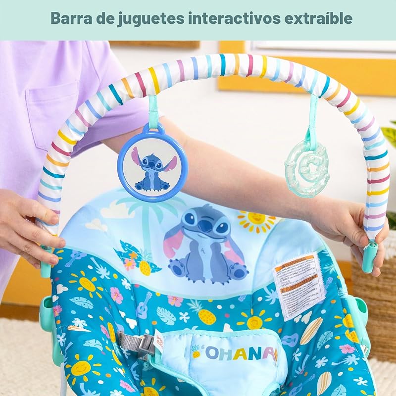 Rede Vibratória Disney Stitch Ohana Paradise Baby da Bright Starts, Barra de Brinquedos Destacável, 2 brinquedos incluídos, para 0-6 meses