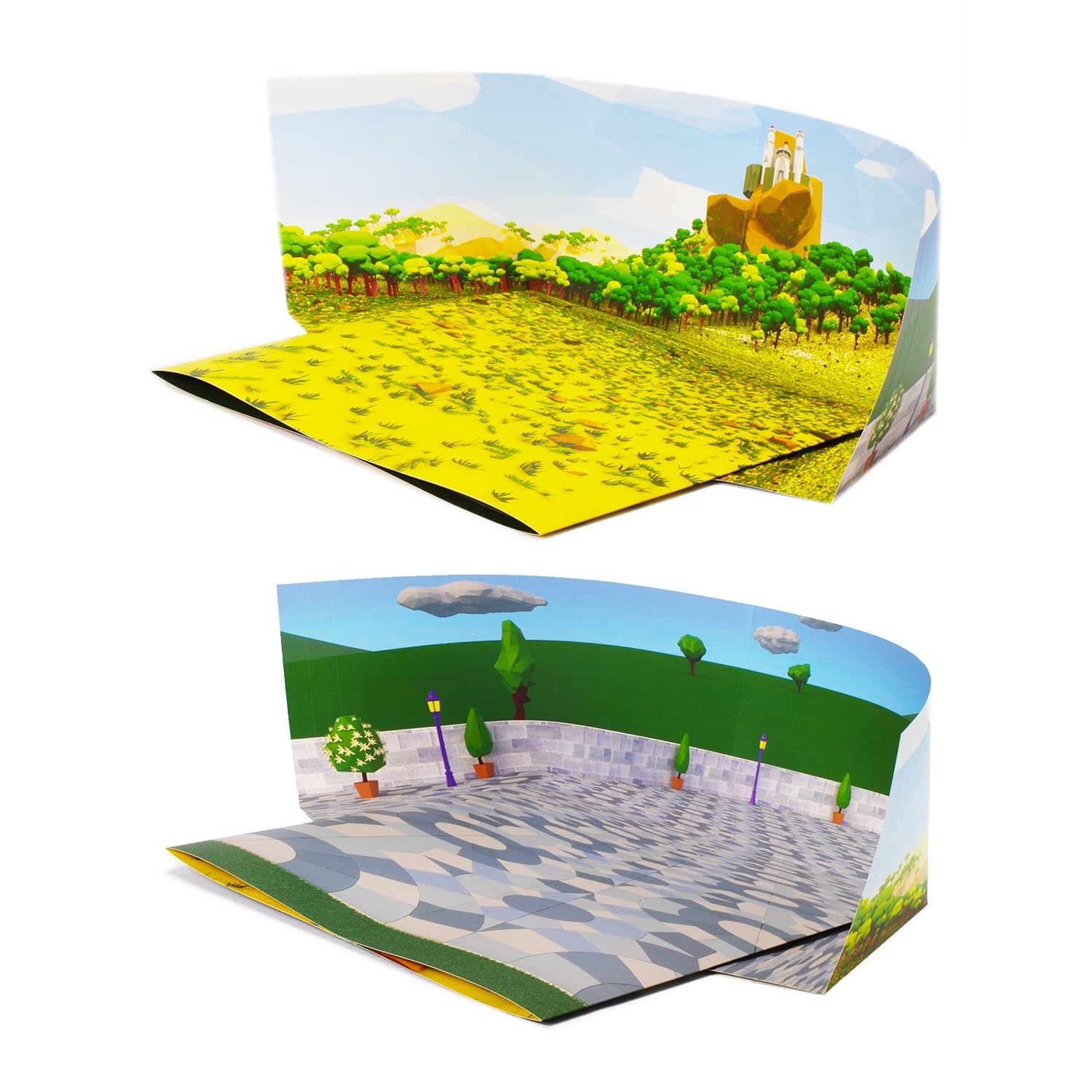 Patio and Polygon Forest Backdrop Compatible with LEGO Action Figures Play; Double-sided Dioramas: Twice The Value; Great For Engaging Imagination, Make Stop-motion Movies; Landscape SINGLE Pack