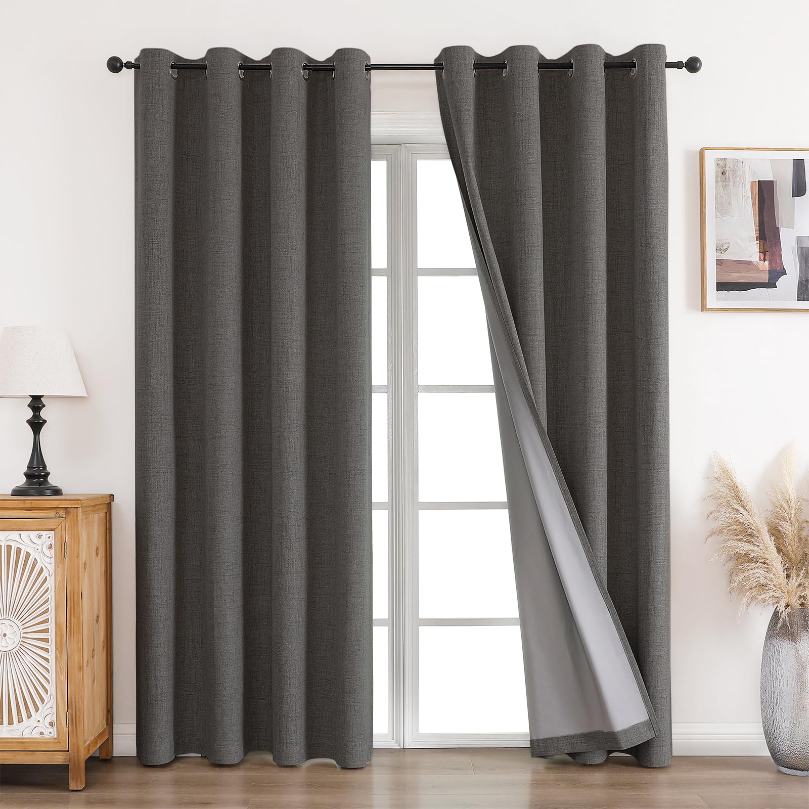 CUCRAF 100% Blackout Curtains Grey 90 Inch Drop 2 Panels Soft Texture Sun Blocking Thermal Eyelet Curtains for Bedroom Living Room 46 X 90 Inch
