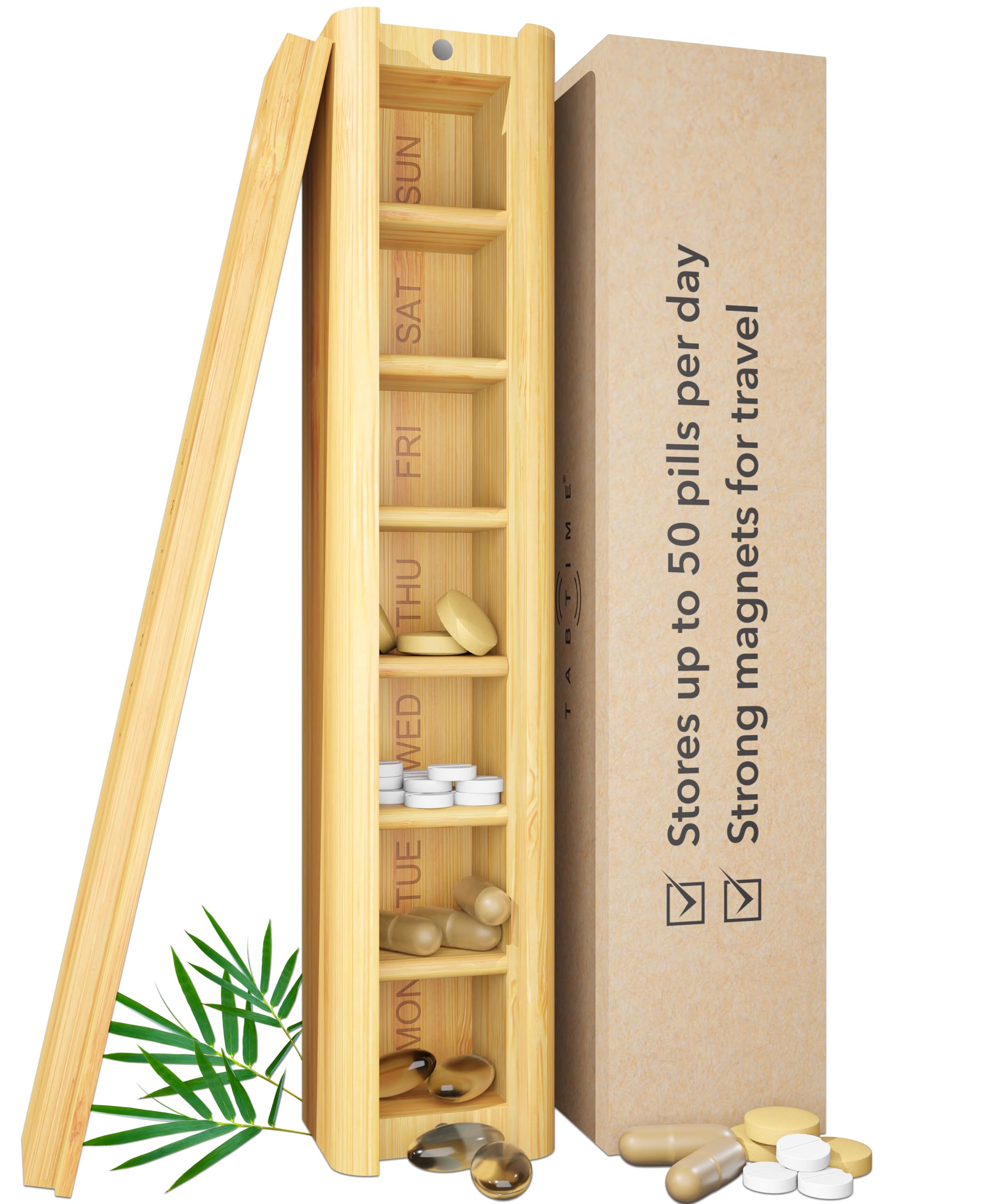 TabTime Bamboo Weekly Pill Box, 7 Day Pill Organiser, Perfect for Vitamins, Pills and Supplements