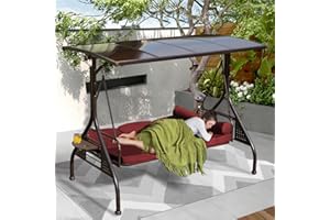 Yalissey 3-Seat Patio Porch Swing with Adjustable Hardtop,3 in 1 Convertible Outdoor Porch Swing for Adults,Patio Swing with Thicken Cushion,Pillows & Cup Holders for Porch,Backyard,Garden (Wine Red)