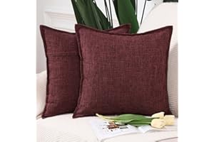 MADIZZ Set of 2 Flanged Linen Throw Pillow Covers 18x18 Inch Burgundy Soft Decorative Cushion Cover for Sofa Bedroom Pillow S