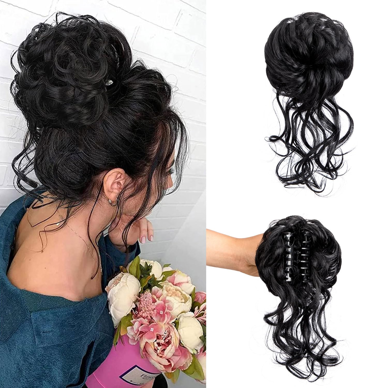 Claw Clip Messy Bun Hair Piece Tousled Updo Hair Buns Extension Elastic Hair Band Hair Pieces Curly Scrunchie For Women (Natural Black)