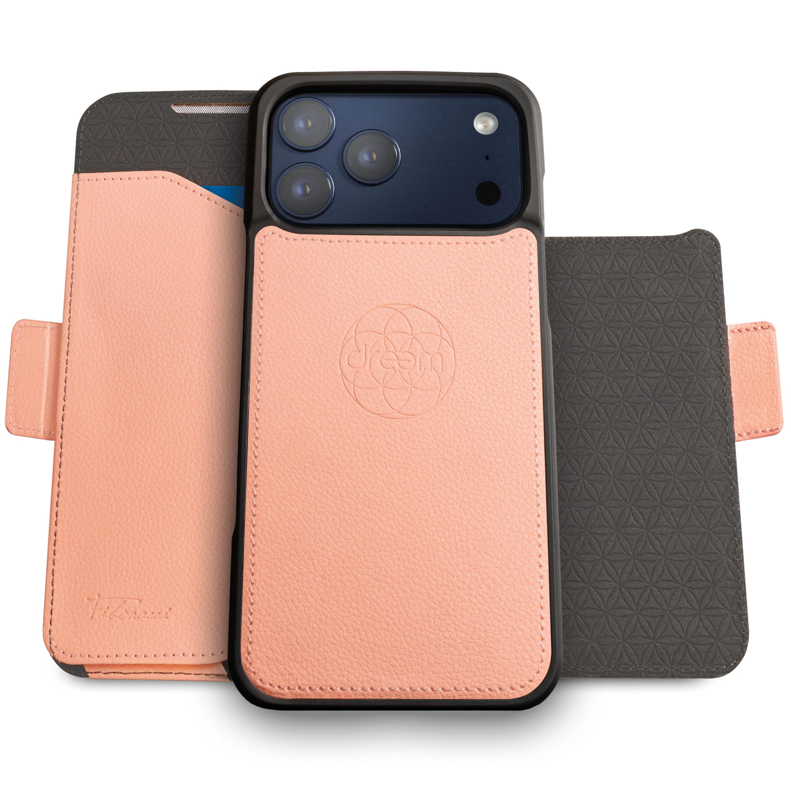 Dreem Wallet Case for iPhone 17 Pro, Revolutionary Vert/Hor Phone Stand, Magnetic Detachable Vegan Leather Flip Cover RFID Blocking Card Holder, MagSafe-Fit, Gift Box [Fibonacci: Powder Pink] Image