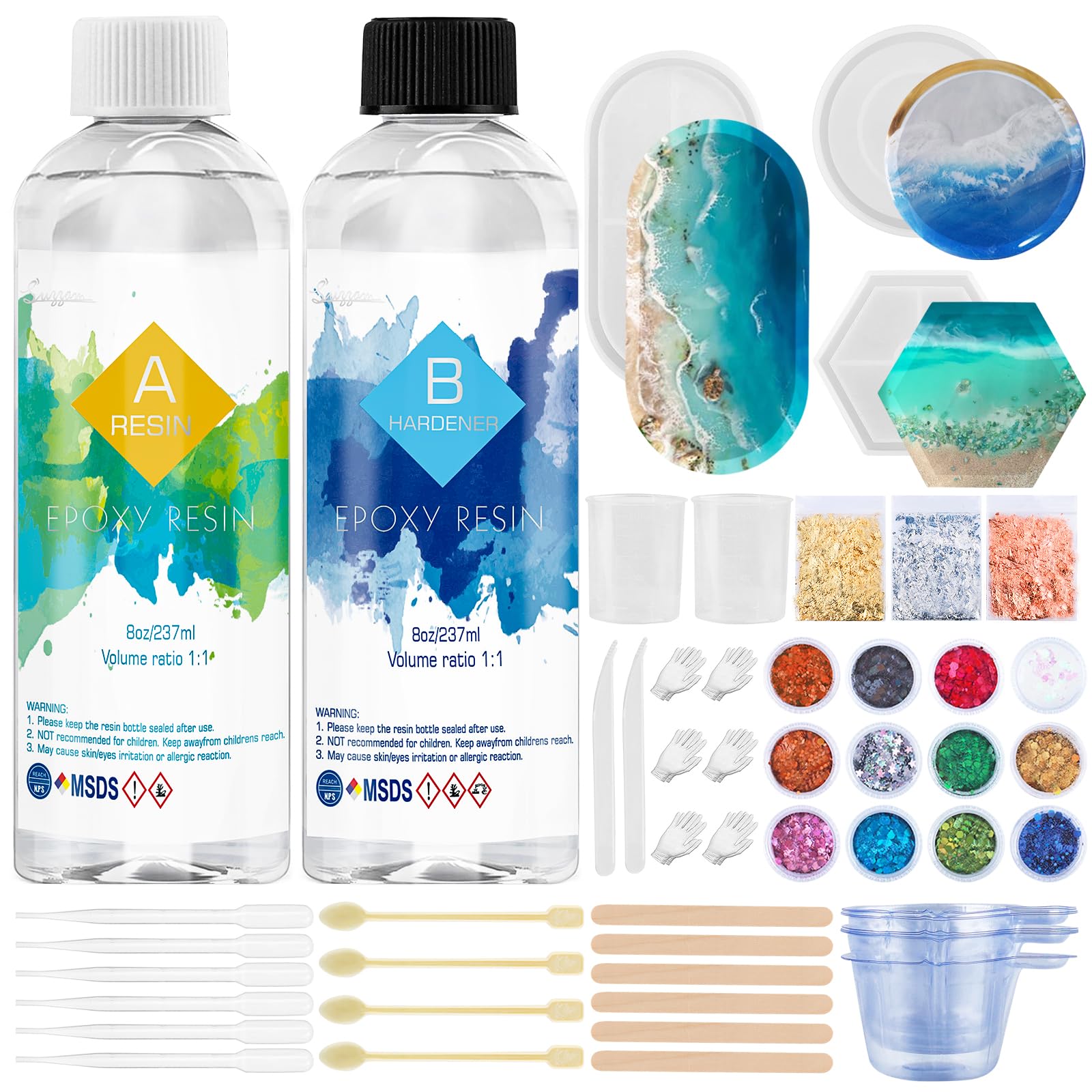 Epoxy Resin Kit 474ml/16oz Crystal Clear Epoxy Resin with Coaster Molds, Casting and Coating Resin Supplies for Jewelry Making, Flower Preservation with 3 Gold foil, 12 Glitters,Measuring Cup and More