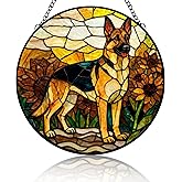 Stained Glass Suncatcher German Shepherd Among Sunflowers Handmade Window Hangings Colored Glass Suncatcher for Indoor Garden Christmas Home Decor Gift for Pet Dog Lover Memorial 6.3in