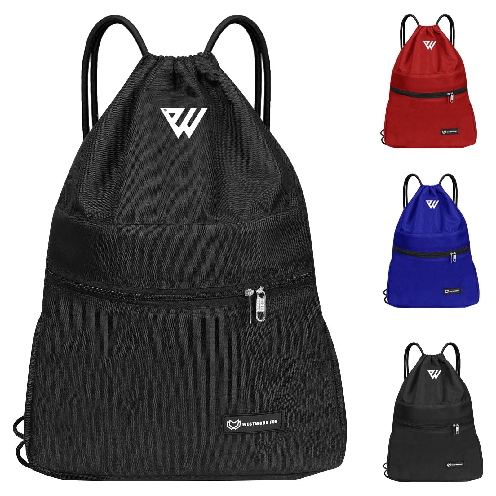 WESTWOOD FOX WFX Drawstring Bag String Waterproof Sport Gym Sack Backpack for Women Men PE Bag Outside Pocket Zipper School Beach Holidays Swimming Travel (Jet Black)