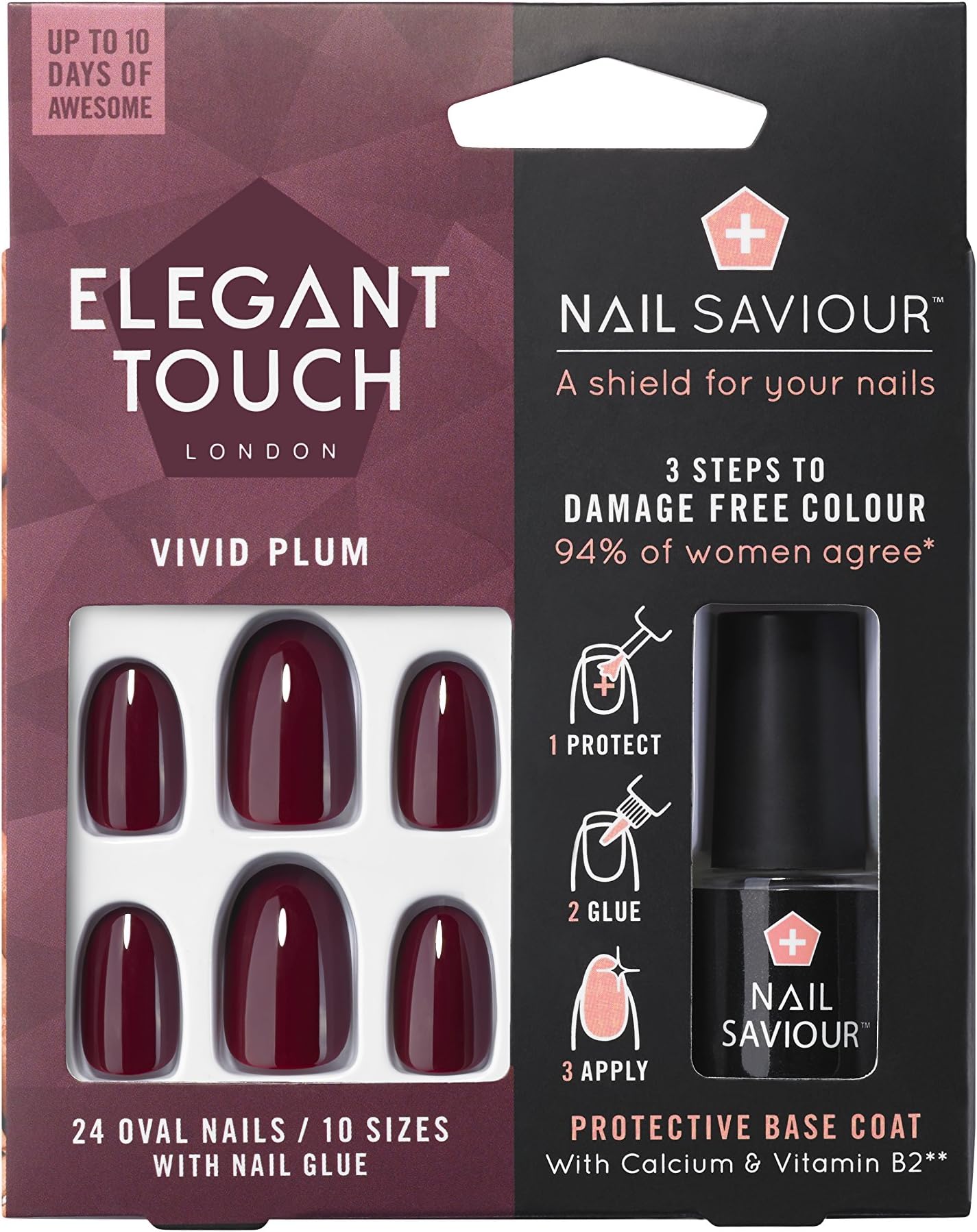 Elegant Touch with Nail Saviour & Nail Glue, False Nails (24 Nails)- Vivid Plum