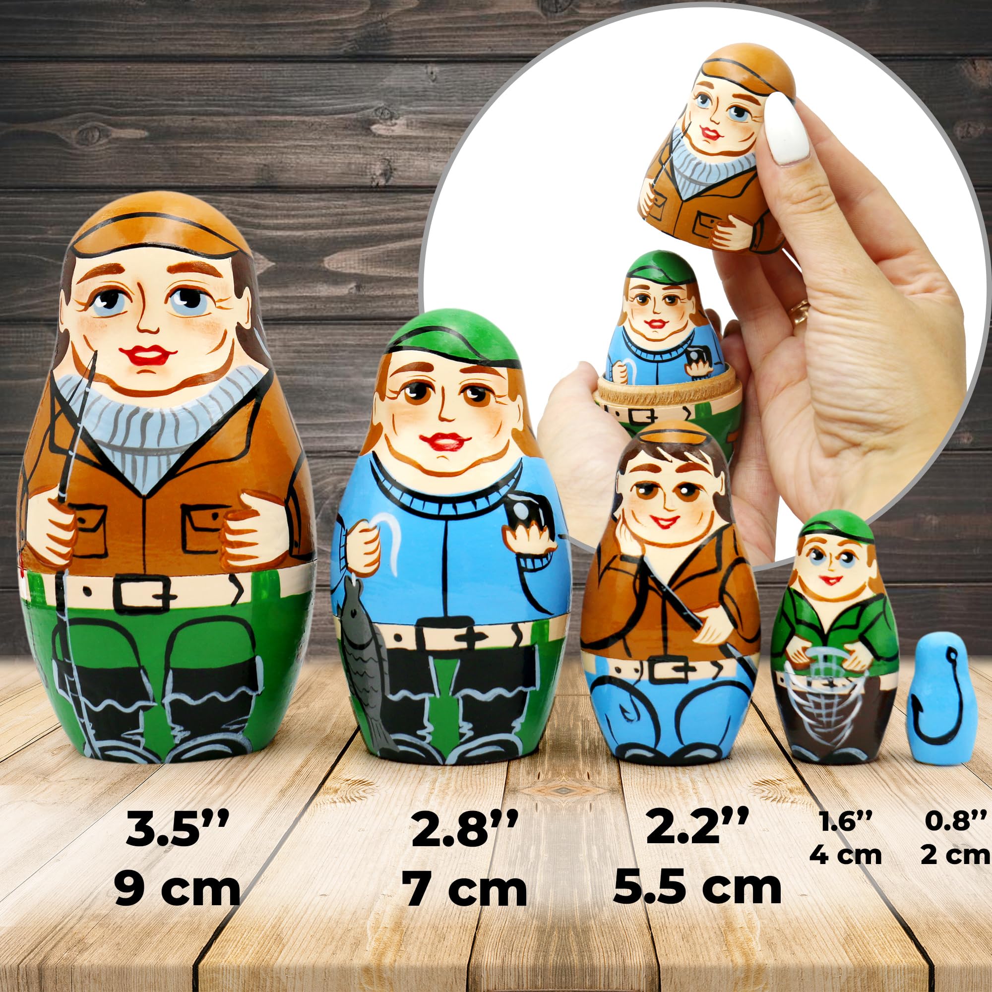 AEVVV Fishermen Russian Nesting Dolls Set 5 pcs - Cute Matryoshka Dolls for Fishing Decor - Fishing Gifts for Men - Russian Dolls with Fishing Decorations
