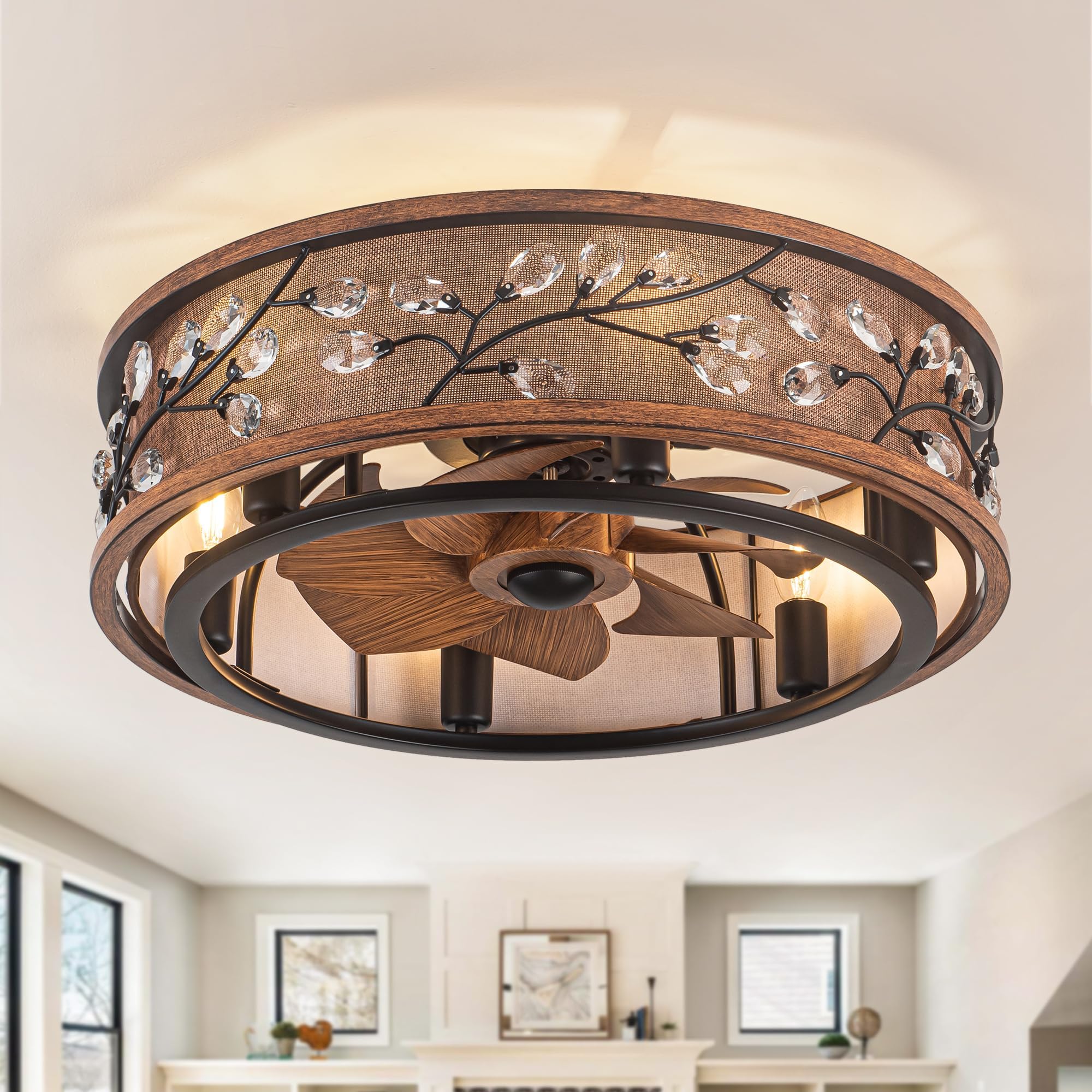 Photo 1 of WWM Low Profile Farmhouse Ceiling Fan with Light,20'' Rustic Flush Mount Ceiling Fans with Remote, Modern Caged Crystal Ceiling Fans with Lights,Ceiling Lights Fixture with Fan (6 E12 Bulb Includ)