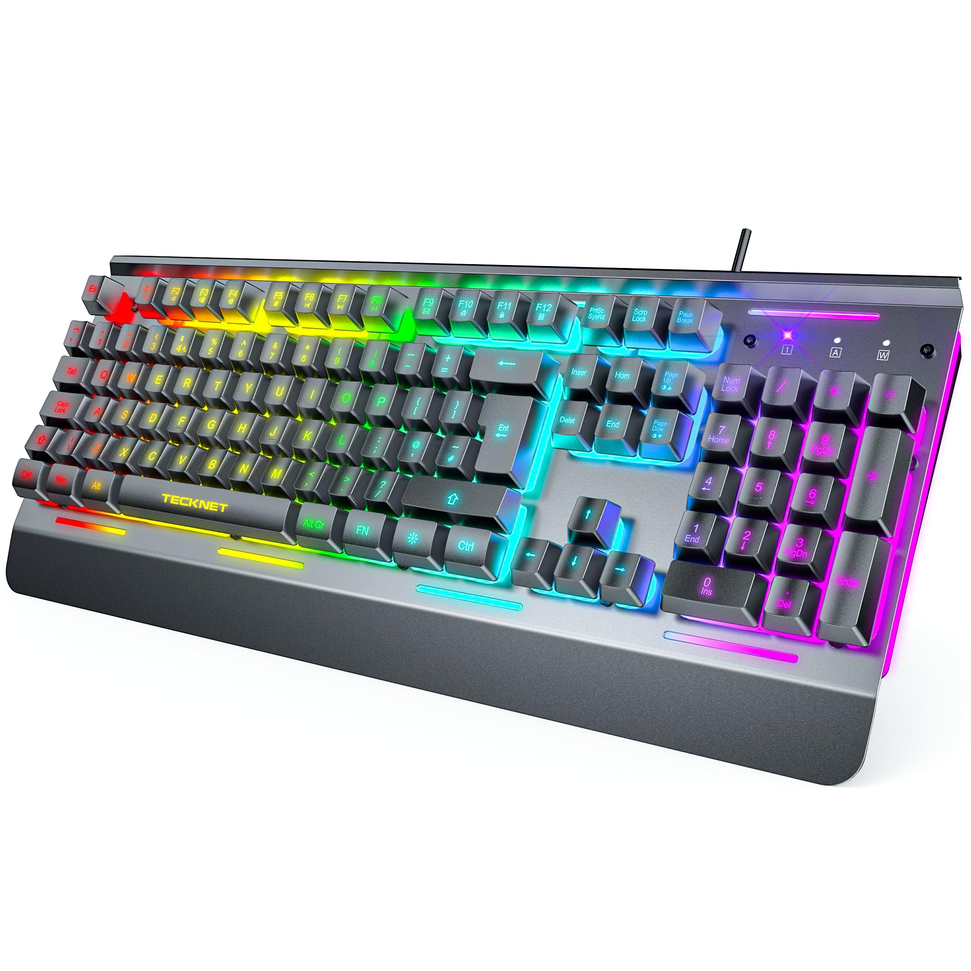 TECKNET Gaming Keyboard, USB Wired Computer Keyboard, 15-Zone RGB Illumination, IP32 Water Resistance, 25 Anti-ghosting Keys, All-Metal Panel (Whisper Quiet Gaming Switch)