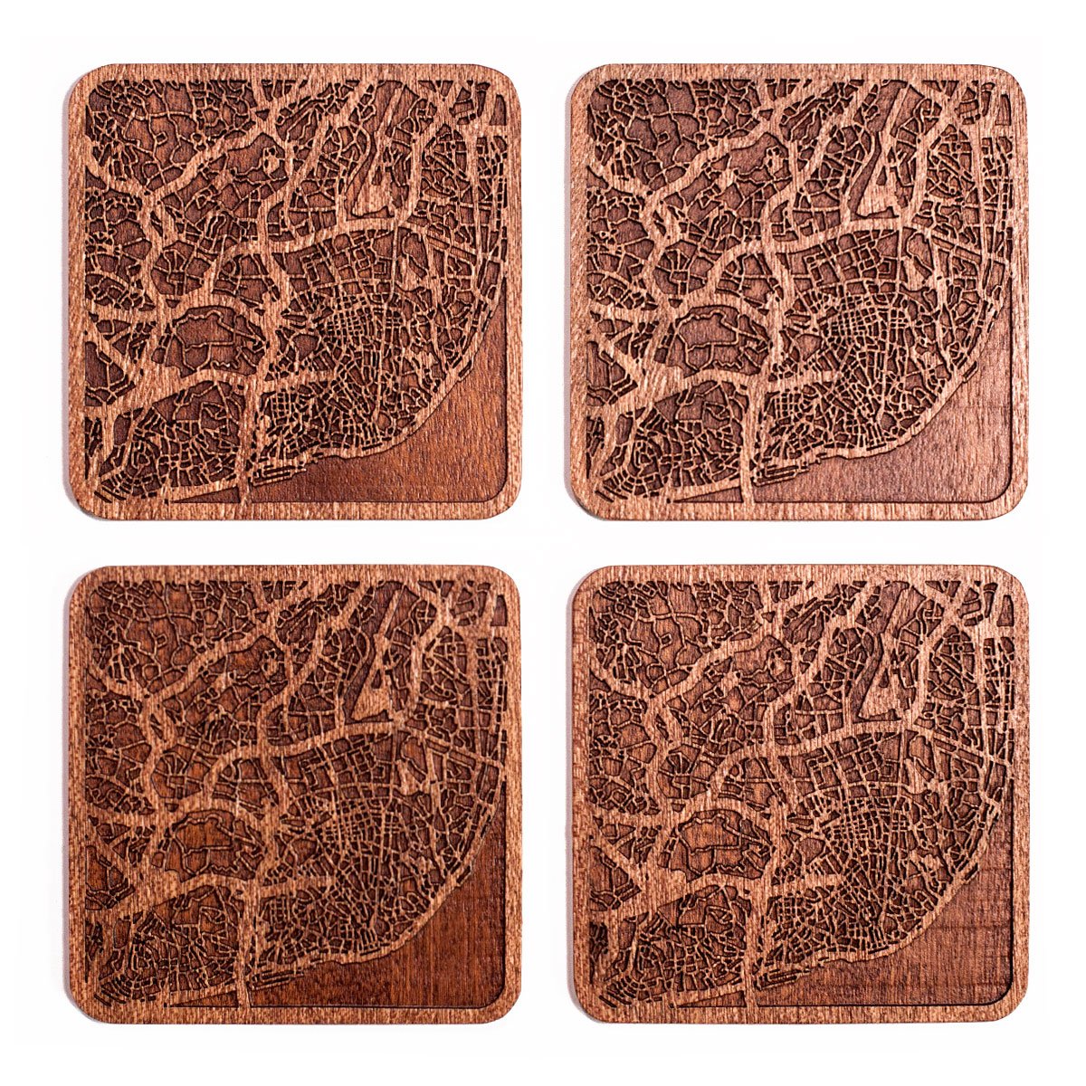 Lisbon Map Coaster, Set of 4, Sapele Wooden Coaster with City Map, Handmade
