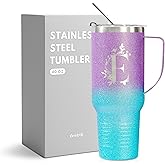 Personalized 40 oz Tumbler with Handle for Women, Monogrammed Travel Mugs with Initials, Unique Gifts for Her on Birthdays Christmas, Purple, E