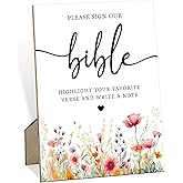 Please Sign our Bible Wooden Sign with Stand 8 x 11 Inch, Wedding Signs for Reception, Bible Guest Book Sign for Tables, Floral Party Decorations for Bridal Shower Engagement Baby Shower