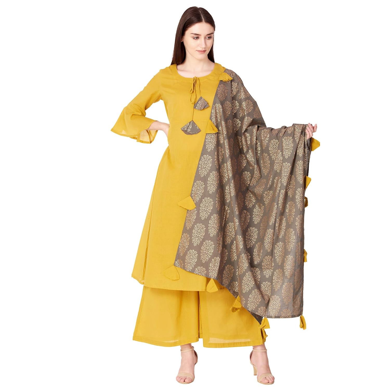 ortange readymade women's cotton kurta, palazzo with printed dupatta set