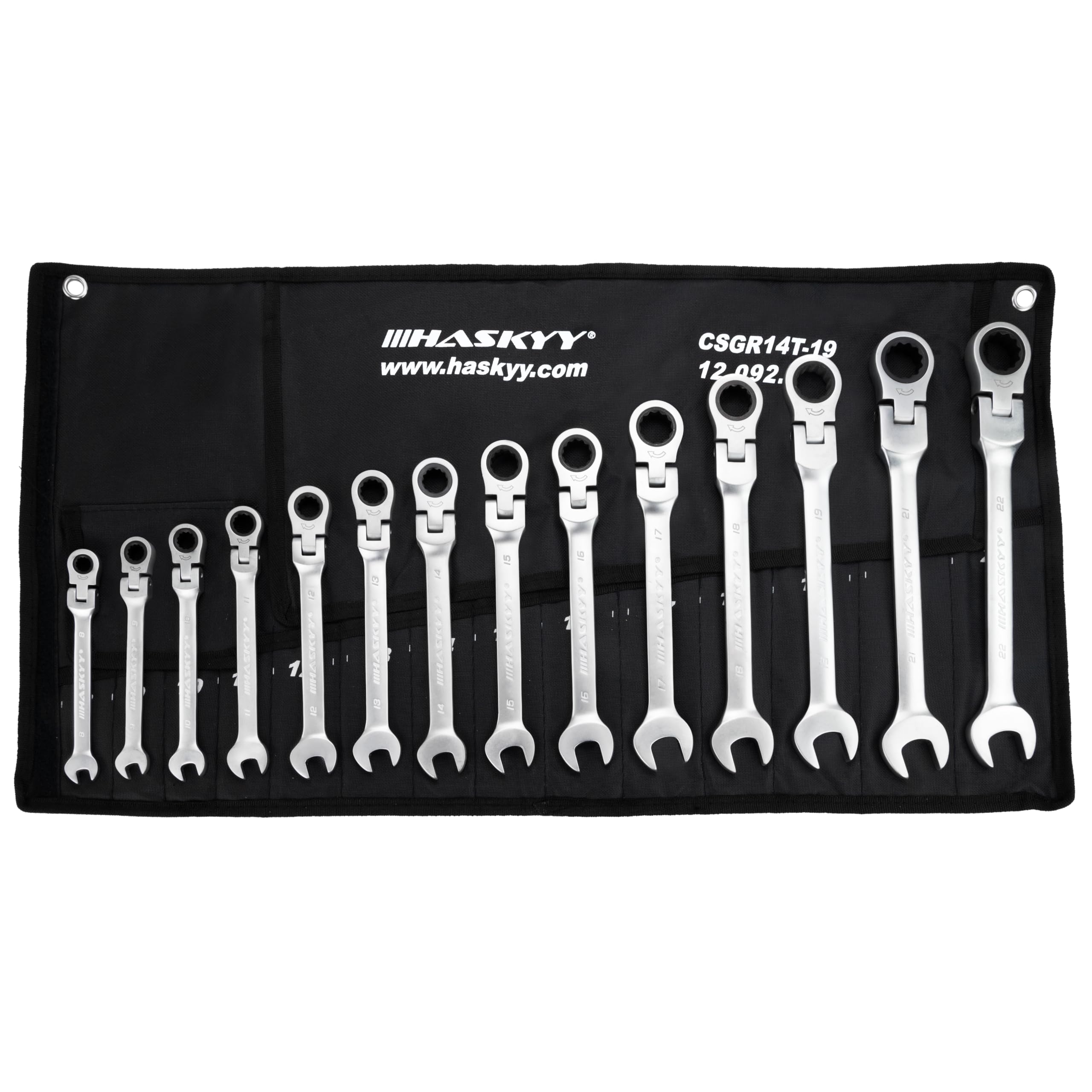 HASKYY Gelenk-Ratschenringschlüssel Set 14 tlg 8–22 mm – Ring Maulschlüssel Set, Ratschenmaulschlüssel & Gabelschlüssel Ratsche aus Chrom-Vanadium-Stahl 2