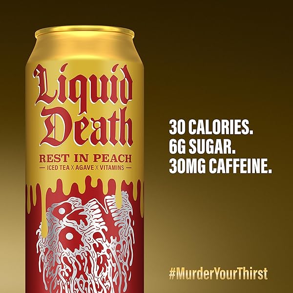 LIQUID DEATH, REST IN PEACH ICED TEA, 8-PACK (19.2OZ CANS), PEACH FLAVORED BACK TEA, LOW CALORIE, NO ARTIFICIAL SWEETENERS, B12 & B6 VITAMINS