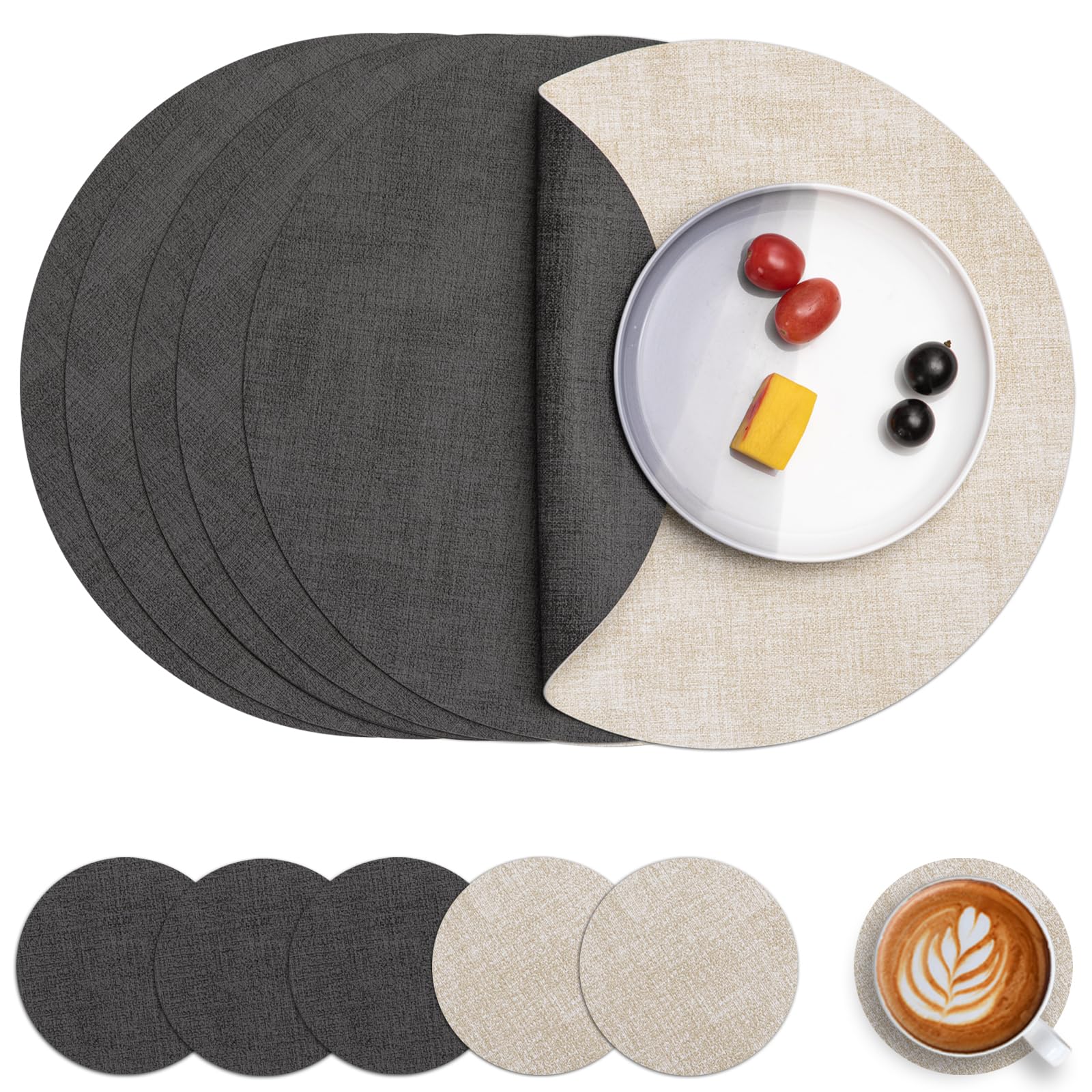 Myir JUN Leather Placemats and Coaster Set of 6, Table Mats Round Waterproof Dual Sided Kitchen Place Mats Coffee Mats Heat Resistant Placemat Non-Slip Washable