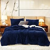 Flysheep Luxury Faux Fur Shaggy Comforter Set King Size, Plush & Sherpa Reversible Comforter Navy Blue, 3 Pieces Fluffy Fuzzy Bedding Set Ultra Soft and Warm for Winter (1 Comforter + 2 Pillowcases)