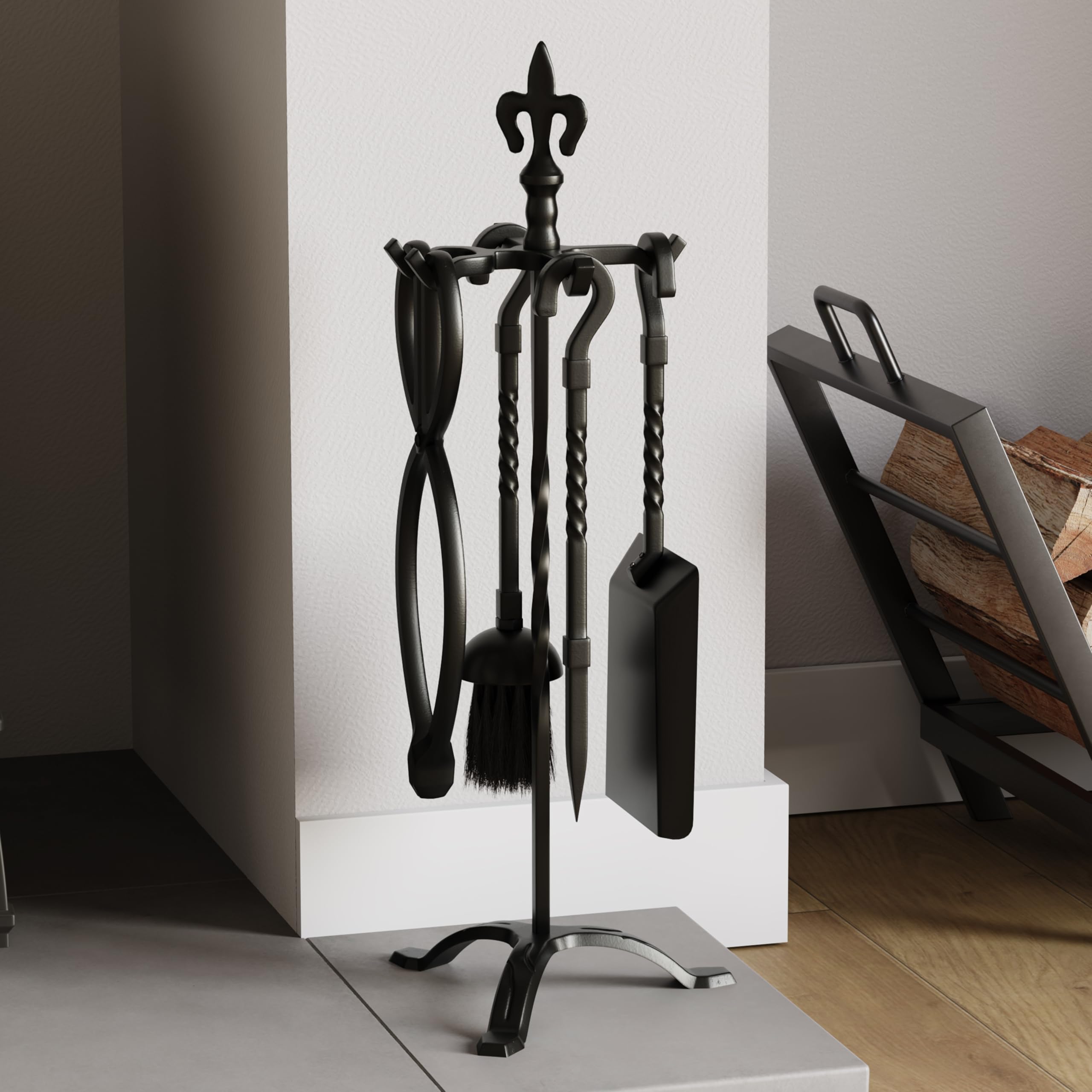 Fire Vida 5 Piece Fleur De Lys Fire Companion Set, Black Fireside Fireplace