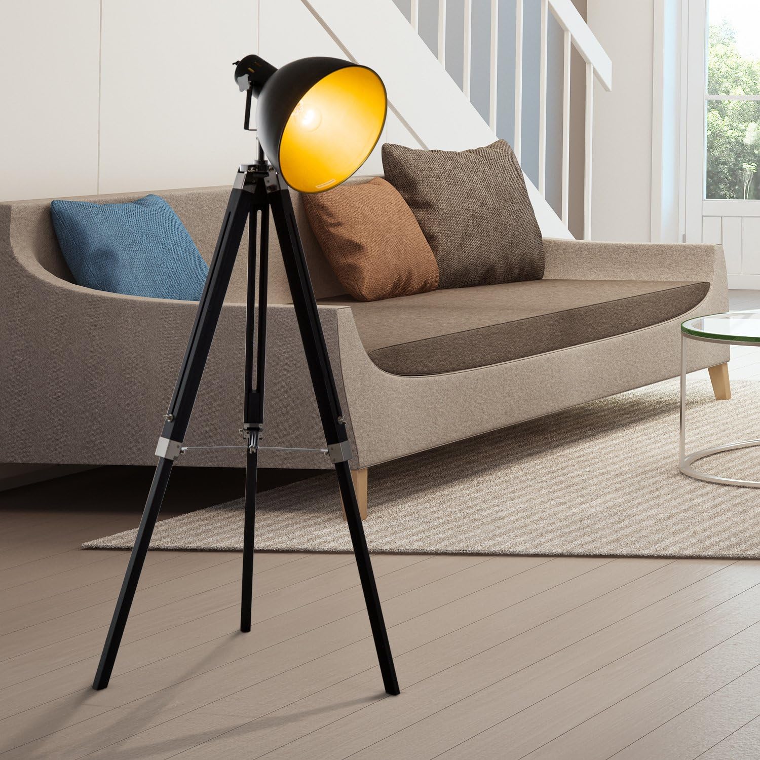 HOMCOM Industrial Floor Lamp for Living Room Tripod Spotlight Reading Lamp w/Wood Legs Metal Shade Adjustable Height Angle for Bedroom Home Office Black and Gold - Image 4