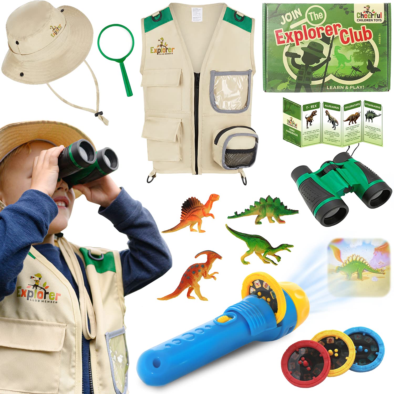 Cheerful Children Toys Explorer Kit for Children, Explorer Costume Kids Safari Outfit with Vest, Hat & Dinosaur Torch Projector, Kids Adventure Kit, Paleontologist Zoo Keeper Dress up Toy for Ages 3-7